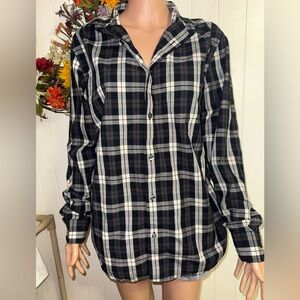 Banana Republic Tailored Slim Fit Plaid Button Down Shirt Large Black Gray
